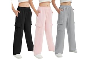 EXARUS Girls Sweatpants with Cargo Pockets Elastic Waistband Wide Leg Causal Kids High Waisted Pants 6-14Y