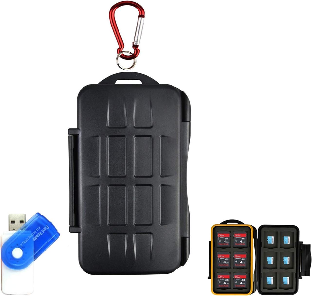 LXH Memory Card Case Holder SD SDHC SDXC CF MSD TF Micro SD Card Durable Waterproof Storage Computer Camera Card Cartridge With Carabiner & Card Reader For 12 SD & 12 TF/Micro SD