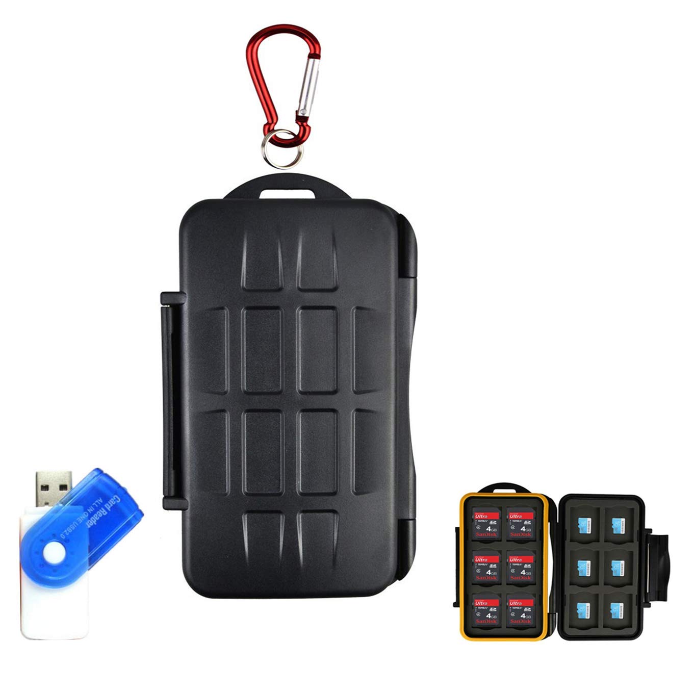 LXH Memory Card Case Holder SD SDHC SDXC CF MSD TF Micro SD Card Durable Waterproof Storage Computer Camera Card Cartridge With Carabiner & Card Reader For 12 SD & 12 TF/Micro SD
