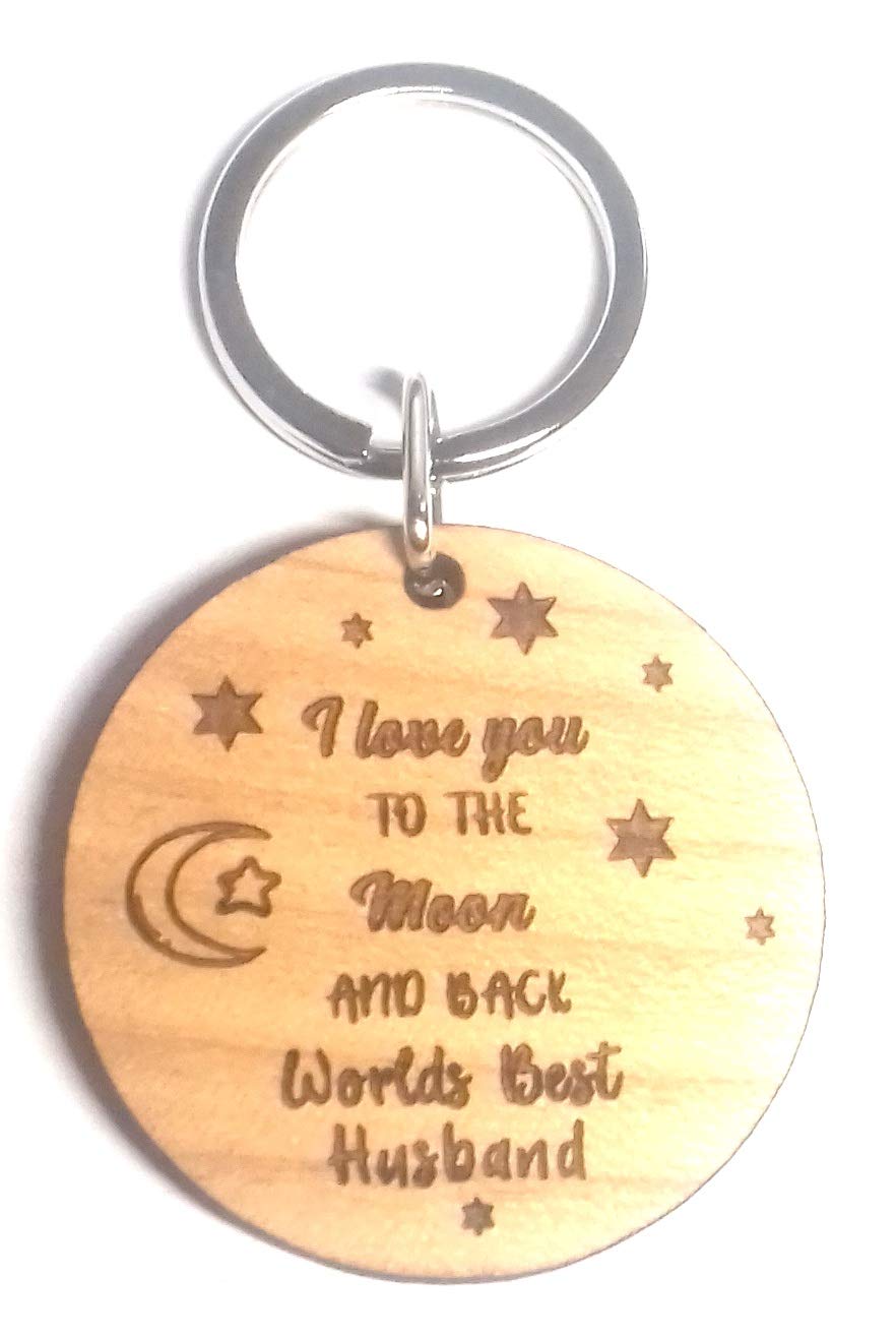 I Love You to The Moon and Back Worlds Best Husband Wooden Wood Keyring Key Ring Gifts Novelty Birthday Wedding Anniversary Presents Ideas for My