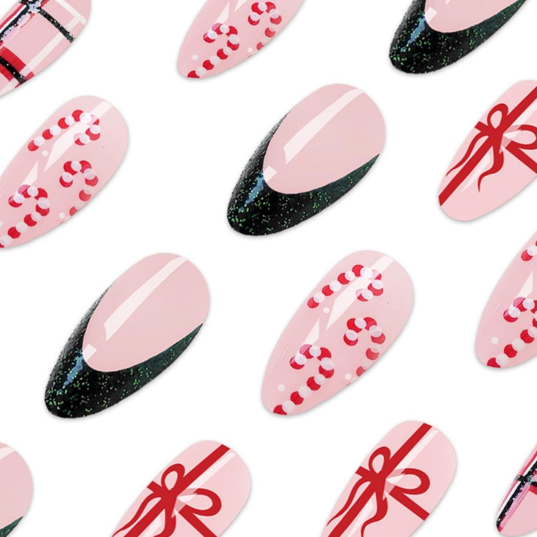 Christmas Press On Medium Almond Fake Nails with Gift Design Green Glitter French Tips Glue On Stick On Winter Xmas False Nails for Women Girls Holiday Manicure 24pcs - Image 4