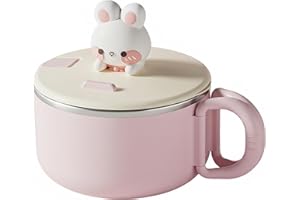 Instant Ramen Bowl Ramen Bowl with Lid 1200ml/42oz Large Rabbit Cute with Handle & Phone Holder Stainless Steel Liner for Sou