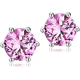 DAYBYDAY 925 Sterling Silver Birthstone Earrings for Women, Crystal Stud Earrings, 6.5mm Round Cut Solitaire Gemstone Earrings Birthday Jewelry