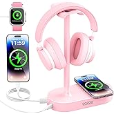cozoo Pink Headphone Stand with 15W Wireless Charger, USB & Type-C Ports,Cute Desk Gaming Headset Holder,Gifts for Women,Teen Girls, Girlfriend,Gamer Girls,Aesthetic Desk Accessories, for Her