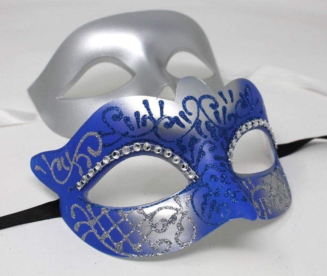 HIS N HERS PAIR OF CO-ORDINATED SILVER & BLUE COUPLES VENETIAN MASQUERADE CARNIVAL PARTY BALL EYE MASKS, Silver Blue, 8cm deep - Image 4