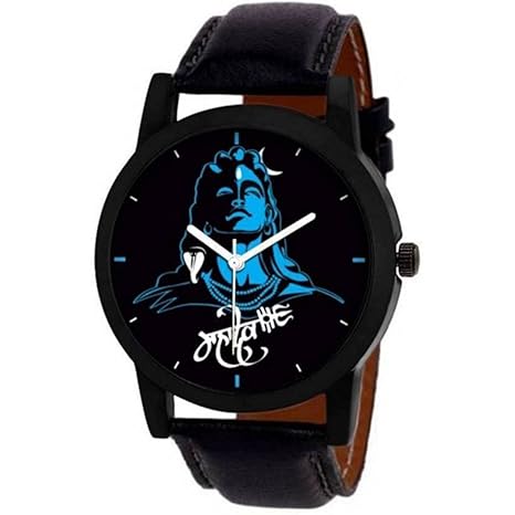 VeBNoR Analogue Blue Black Multicolor Dial Lord Shiv Mahadev Mahakal Black Leather Strap Belt Wrist Watch for Boys and Men Stylish Latest -463