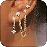Eathareel Sterling Silver Stud Hoop Earrings Set, Dainty Gold Silver Flower Chain Earrings for Multiple Piercing, Hypoallergenic Earring Jewelry for Women Trendy 2025