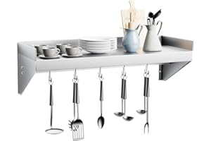 Halamine Stainless Steel Shelf, Metal Shelf 24 * 12 in, Stainless Shelf Wall Mounted Steel Floating Shelf with 5 Hook for Kitchen, Restaurant, Home, Bar, Laundry Room, Food Truck