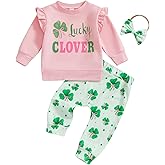 Karuedoo Toddler Baby Girl St Patricks Day Outfit Letter Print Ruffle Long Sleeve Sweatshirt Clover Pants Headband 3Pcs Set
