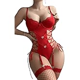 WDIRARA Women's 3 Piece Underwire Lingerie Set Lace Up Lingerie Bodysuit with Stockings