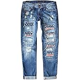 EVALESS Ripped Jeans for Women Plaid Patch Boyfriend Skinny Distressed Denim Jean Pants