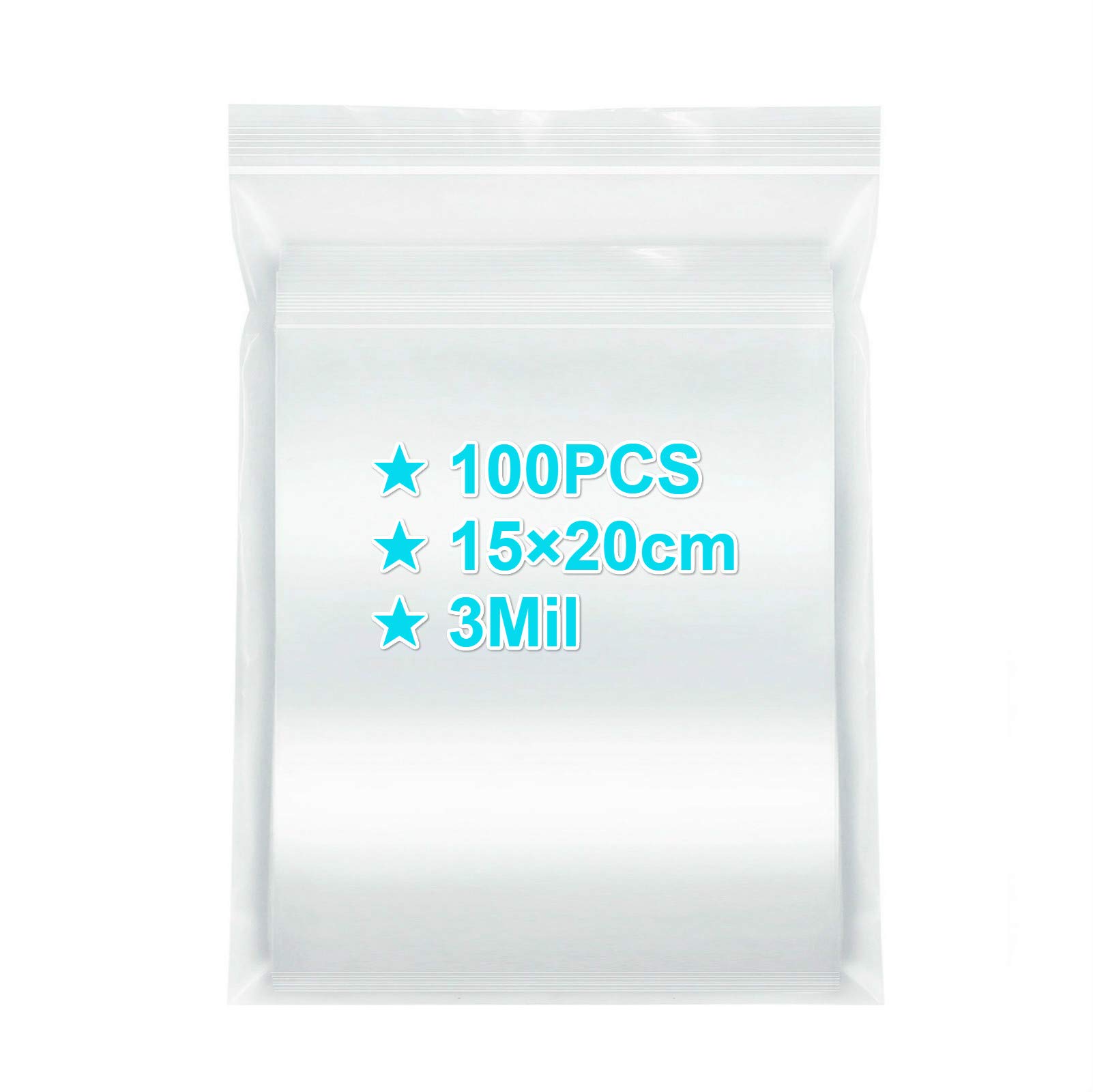 Ziplock Bags 15×20cm, 100PCS, 3 Mil Extra Thick Medium Size Clear Plastic Resealable Bags with Lock Seal Zipper, Storage Pouches Grip Seal Bags for Jewelry Mask Incense Packaging