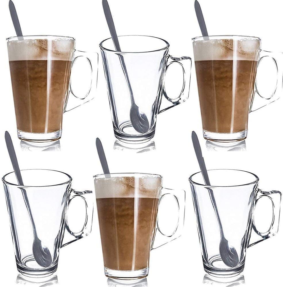 FiNeWaY Set of 6 Tall Latte Glasses with 6 Long Latte Spoons (6 Latte