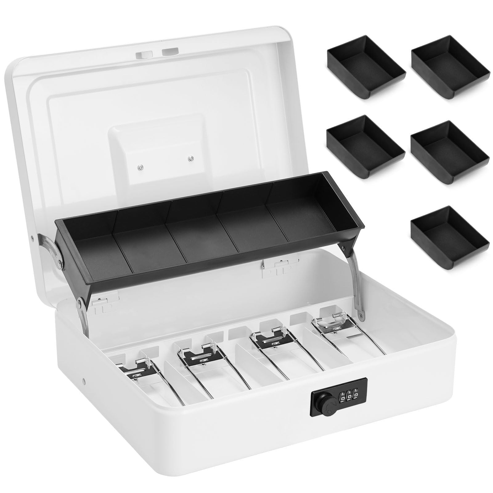 Photo 1 of Sgorlds Large Locking Cash Box with Combination Lock and Money Tray,Portable Money Box with Cash Tray, Lock Safe Box for Office Business, Deluxe Cash Boxes, 11.8" x 9.5" x 3.5", White