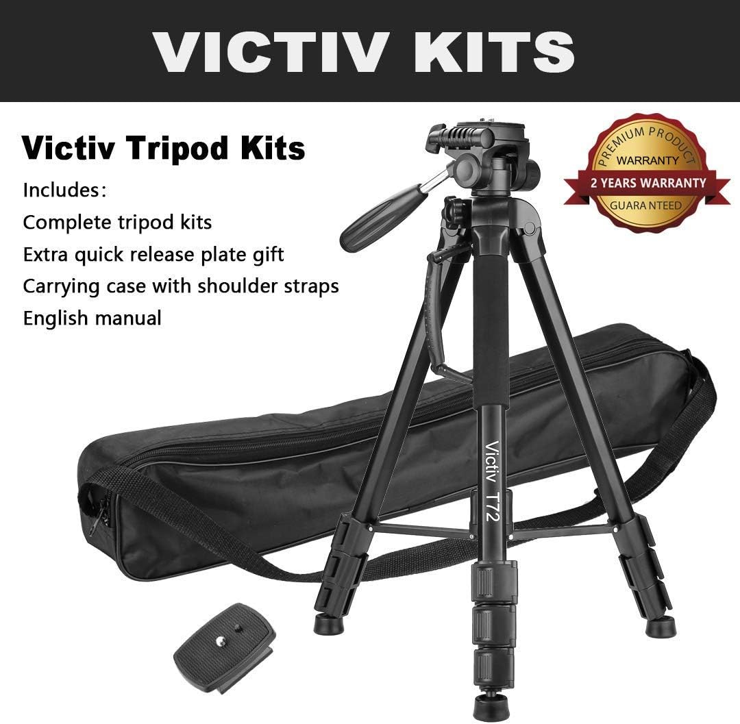 Victiv 72-inch Camera Tripod Aluminum Monopod T72 Max. Height 182 cm - Lightweight and Compact for Travel with 3-way Swivel Head and 2 Quick Release Plates for Canon Nikon DSLR Video Shooting - Black : Camera & Photo
