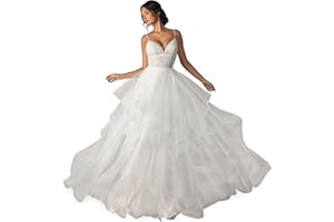 AIMEVERNAL Tiered Tulle Wedding Dresses for Women Boho Style, Slip Dresses V Neck with Adjustable Strap,Sexy Beach Dresses