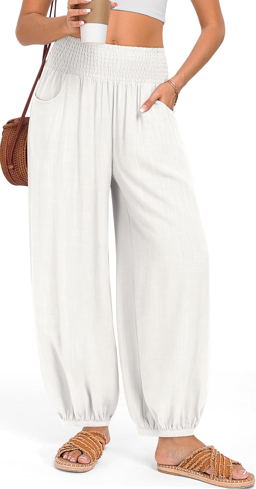 Photo 1 of TARSE Womens Linen Palazzo Pants Summer Fall Boho High Waisted Baggy Loose Casual Beach Travel Vacation Clothes with Pockets, White, S