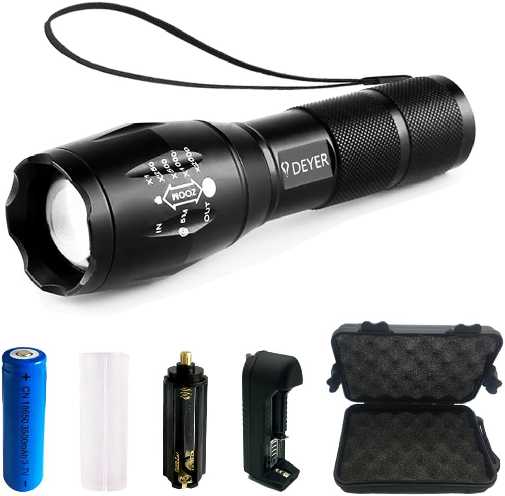 Tactical LED Flashlight, Super Bright 1200 Lumen XML T6, 5 Modes Zoomable Focus Handheld Torch with Portable Box (Include Rechargeable 18650 battery and Charger)