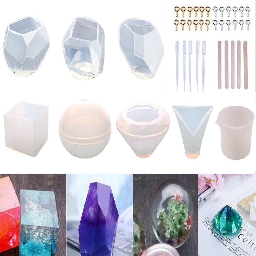 Resin Casting Molds, DIY Silicone Molds for Epoxy Resin Including 3 Clear Large Multi-Faceted Diamond Stone Jewelry Mould,Sphere,Diamond,Cube,Triangular Pyramid with Mixing Cups and Sticks (7 Pack)