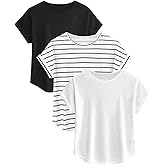 WDIRARA Women's 3 Pack Short Sleeve T Shirts Summer Striped Crewneck Tee Basic Tops
