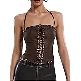 WDIRARA Women's PU Leather Lace Up Halter Top Vintage Western Sleeveless Backless Camisole Tops