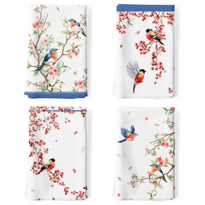 Arquiel Watercolor Bird Flowers Tea Towels, 100% Cotton Kitchen Towel Set 50 x 70CM, Multi-Purpose Quick Dry Dish Towels Dishcloths Hand Towels Bar Towels(Set of 4)