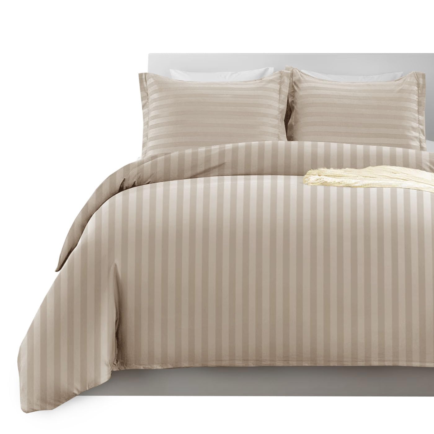 Imperial Rooms Double Duvet Set Reversible Stripes Satin Bedding Set with Pillowcases Breathable Microfiber Duvet Cover (Beige 200x200 Cm) — image 1