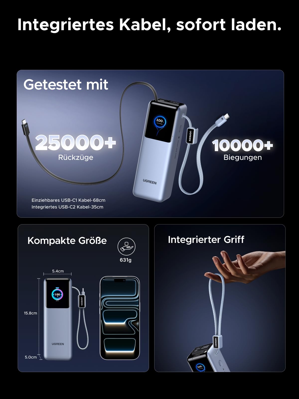 UGREEN Nexode Pro Power Bank, 25000mAh 200W Max Schnellladen mit 68cm einziehbares Kabel & USB-C Kabel, Kompatibel mit MacBook Pro, Dell XPS, Lenovo, HP Laptops, iPad Pro, Galaxy S25 Ultra, iPhone 17 5