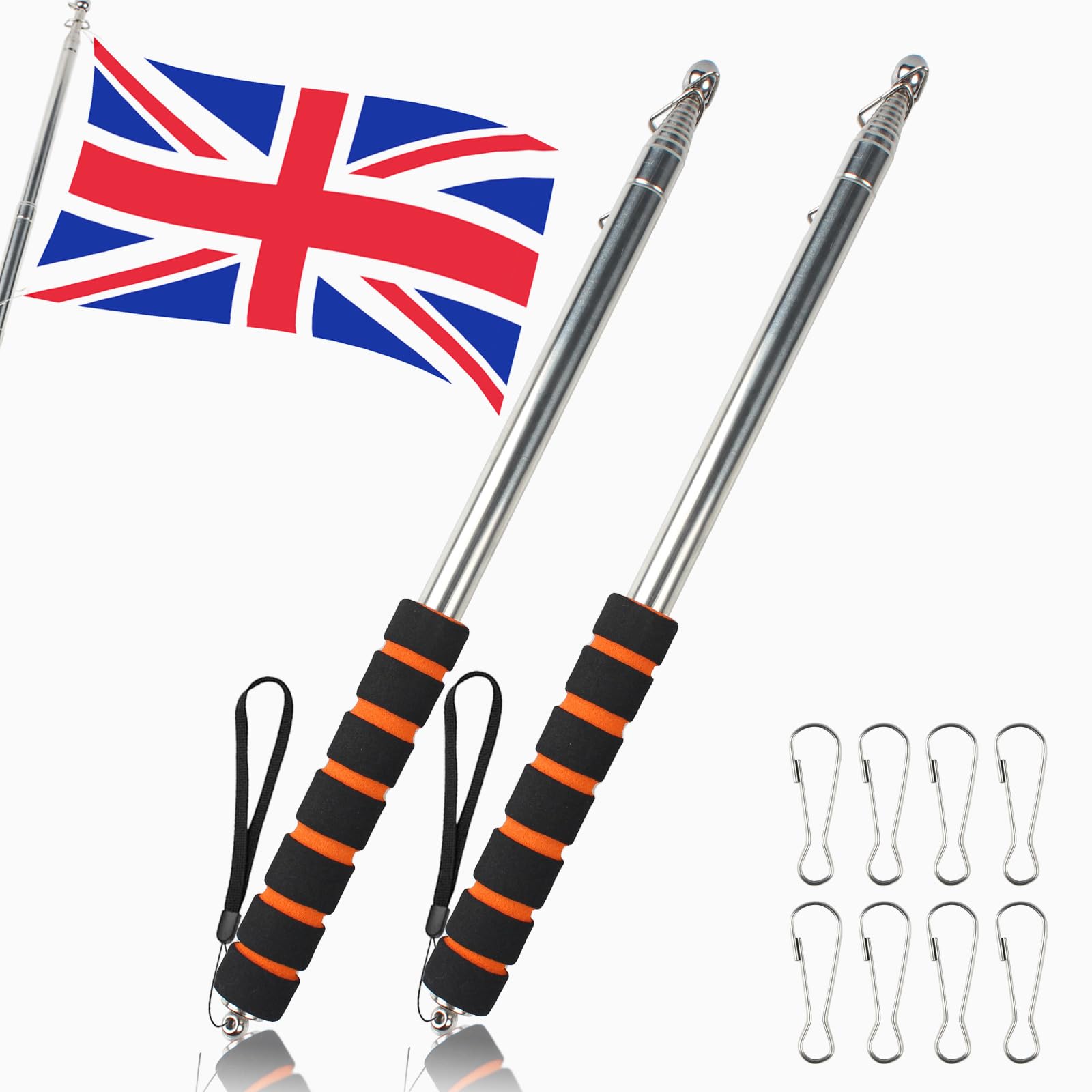 RAFIYU 2 Pcs Telescopic Flag Pole, 8.2ft Handheld Flagpoles with Clips, Portable Extendable Flag Pole with Anti-Slip Grip, Stainless Flag Pole for Tour Guide, Pointer Stick for Teachers