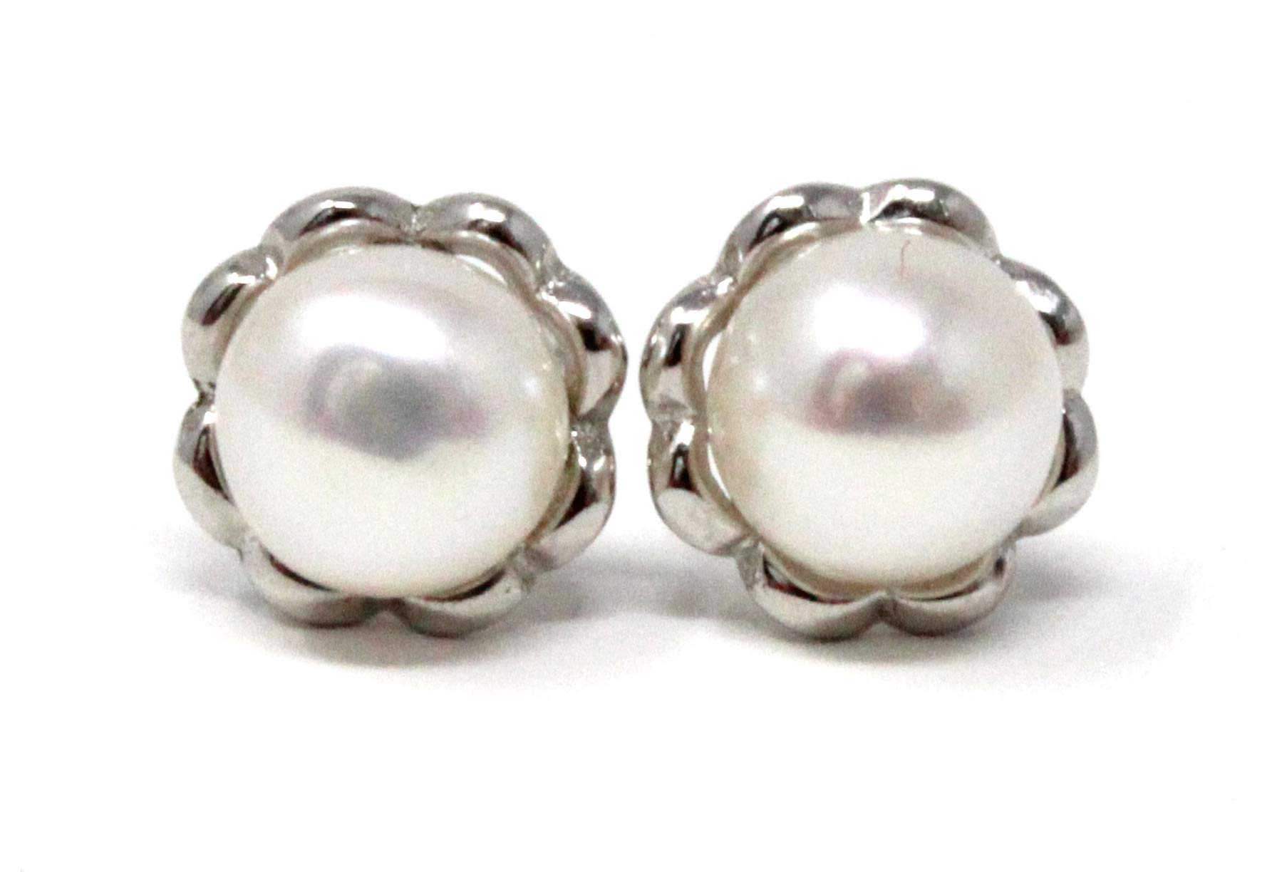 Silver 4.5-5mm White Freshwater Cultured Button Shape Pearl Flower Stud Earring Pair