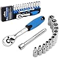 PTSTEL 14 Pieces Socket Wrench Kit, 1/4” Drive Socket Set with 72 Teeth Release Ratchet Wrench and Extension Bar, CR-V Sockets