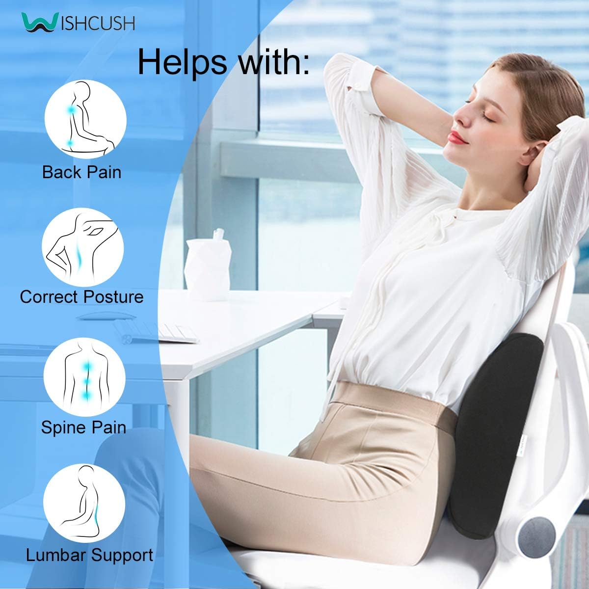 Wishcush Lumbar Support Pillow for Chair, Memory Foam Back Cushion for Car with Breathable 3D Mesh Cover and Ergonomic Shape Specially Designed for Lower Back Pain and Pressure Relief : Office Products