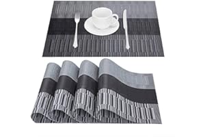 GIVERARE Placemats Set of 4, Heat-Resistant Woven Vinyl Placemat, Non-Slip Washable PVC Table Mat, Easy to Clean Premium Plastic Table Mats for Dining Table, Kitchen Table (Black+Gray)