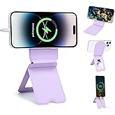 EWEMDAI Phone Stand, Magnetic Foldable Phone tripods Stain-Resistant Leather & Angle Adjustment, Multifuctional Strong Magnetic Phone Tripod for iPhone 16/15/14/13/12-(Purple)