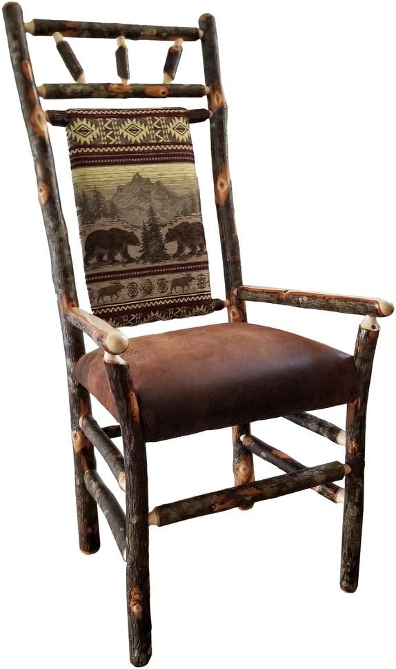 Set of Two Rustic Hickory High Back Dining Chairs with Arms-Colorado Fabric