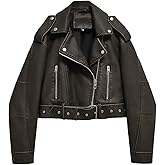 LY VAREY LIN Women Faux Leather Cropped Jacket Lapel Zipper Biker Short Coat with Belt