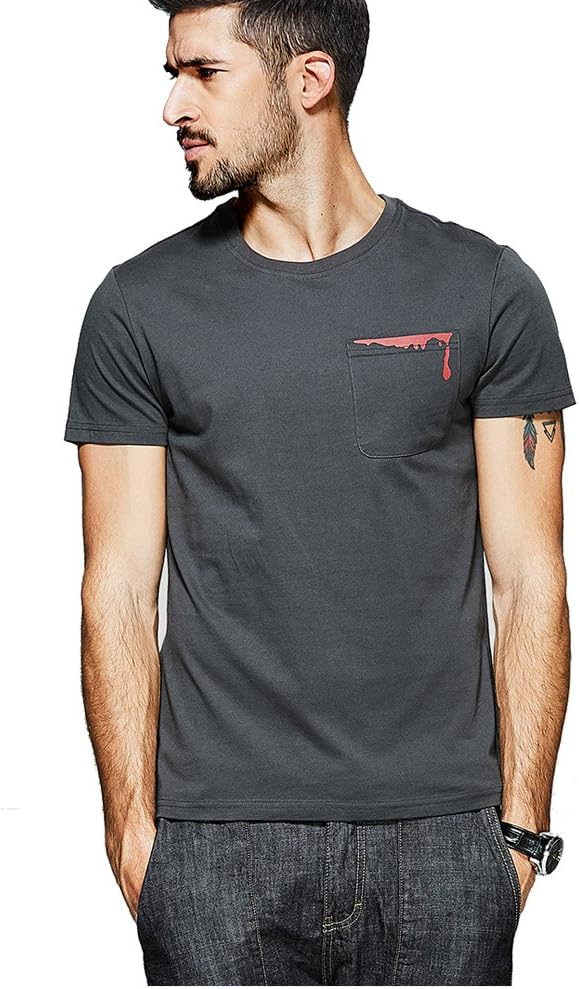 Kuegou Men's Short Sleeve T-Shirt With Contracted Round Collar Design and Printed Chest Pocket (L, Dark Grey)