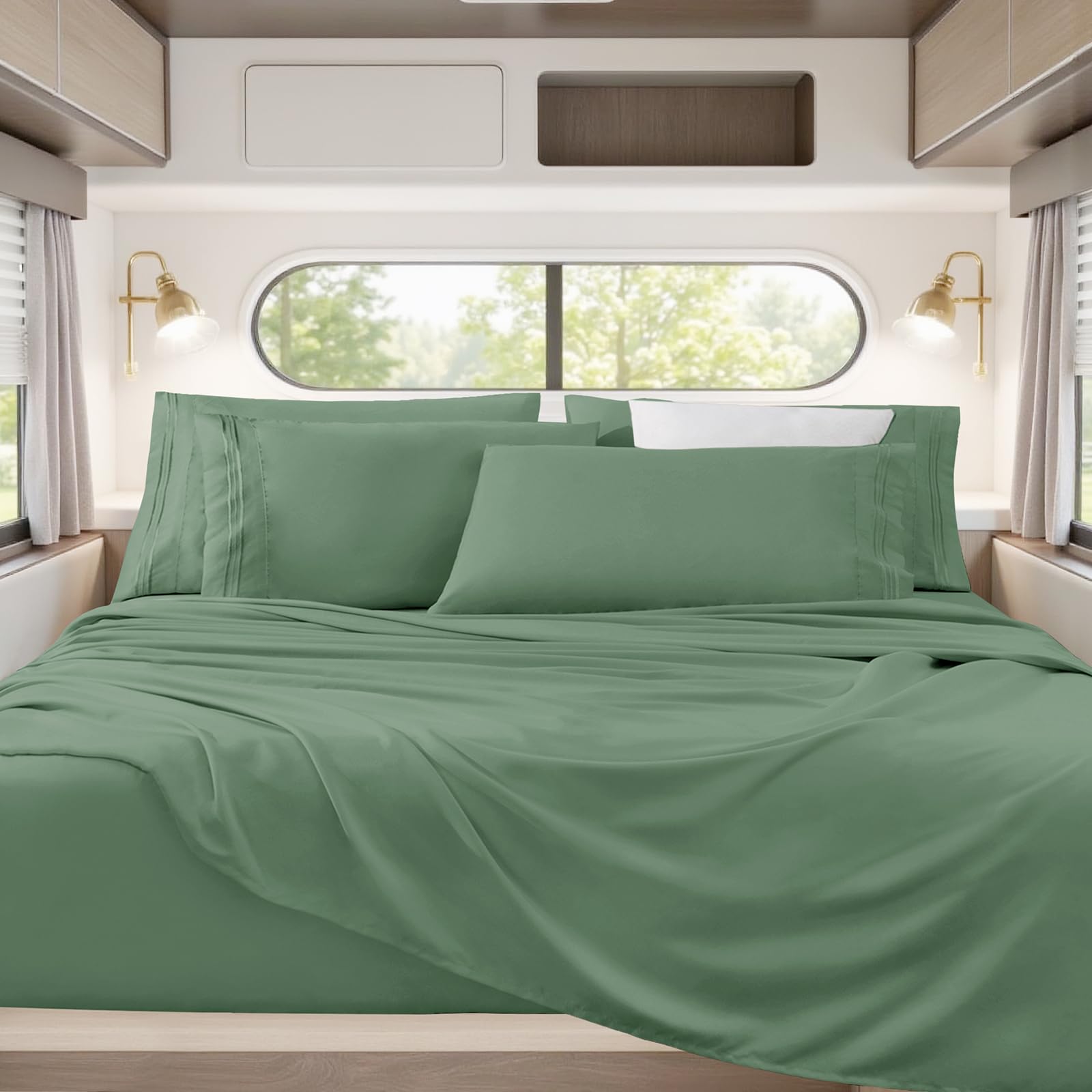Photo 1 of Horbaunal Sage Green RV Short Queen Sheet Set - 4 Pieces RV Queen Bed Sheets 60" x 75" - Fits Mattress up to 16" Deep - Soft Microfiber Bed Sheets for Bunks, Camper & Travel Trailer
