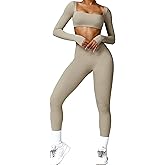ABOCIW Workout Sets for Women 2 Piece Square Neck Long Sleeve Crop Tops High Waist Flared Leggings Gym Sets
