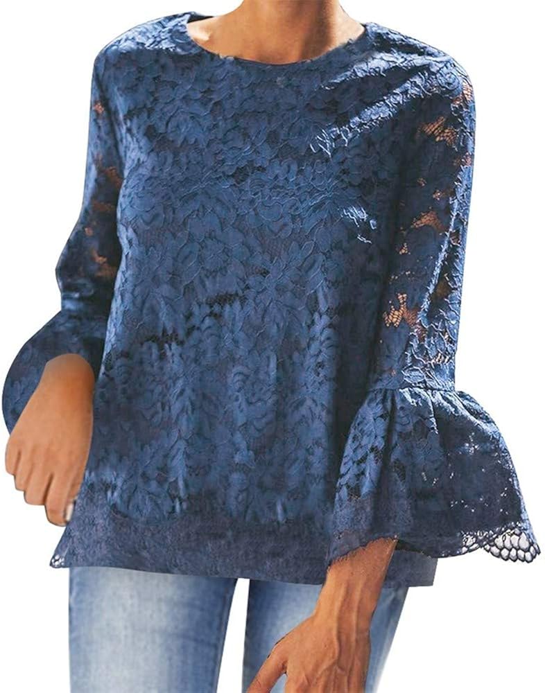 Aniywn O-Neck Lace Pullover Blouse Women Pleated Flare Long Sleeve Elegant Pure Color Shirt Tee 