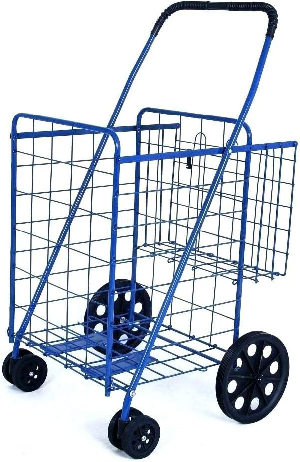 Shopping Cart with Double Basket and Liner with top cover Jumbo size Strong Frame swivel wheels holds 150 lbs in Blue color
