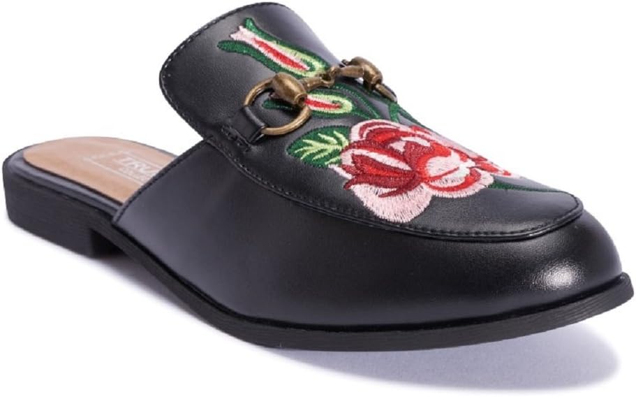 Womens Black Embroidery Rose Print Ladies Flower Sliders Casual Mules Shoes