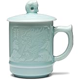SILINE Green Porcelain Dragon Tea Cup with Lid and Handle,13.5 Oz/400ml Unique Coffee Mug,Genuine Chinese Longquan Celadon Teacup (Pink Cyan)