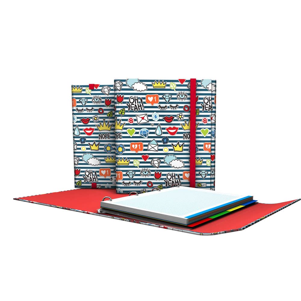 Grafoplás 88212656-4 Ring Binder with Flap, A4, Rubber Closure, Includes Replacement and Separators, Carpeplus, Stickers Collection, Crown