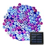 Vmanoo Solar Lights 72ft 22m 200 LED 8 Modes July 4th Celebrate Light Patriotic Design with Red White Blue for Independence Day Party Decorations