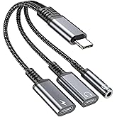 USB-C to 3.5mm Headphone and Charger Adapter, 3 in 1 Dual Type C Aux Splitter Charger Headphone Jack Dongle Cord Compatible f