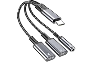 USB-C to 3.5mm Headphone and Charger Adapter, 3 in 1 Dual Type C Aux Splitter Charger Headphone Jack Dongle Cord Compatible f