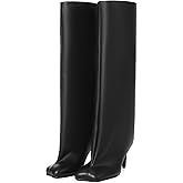 VOMIRA Women's Knee High Nude Suede Wide Calf Square Toe Stiletto Fall Winter Pull On High Heel Long Ladies Fashion Dress Tall Slouchy Boots