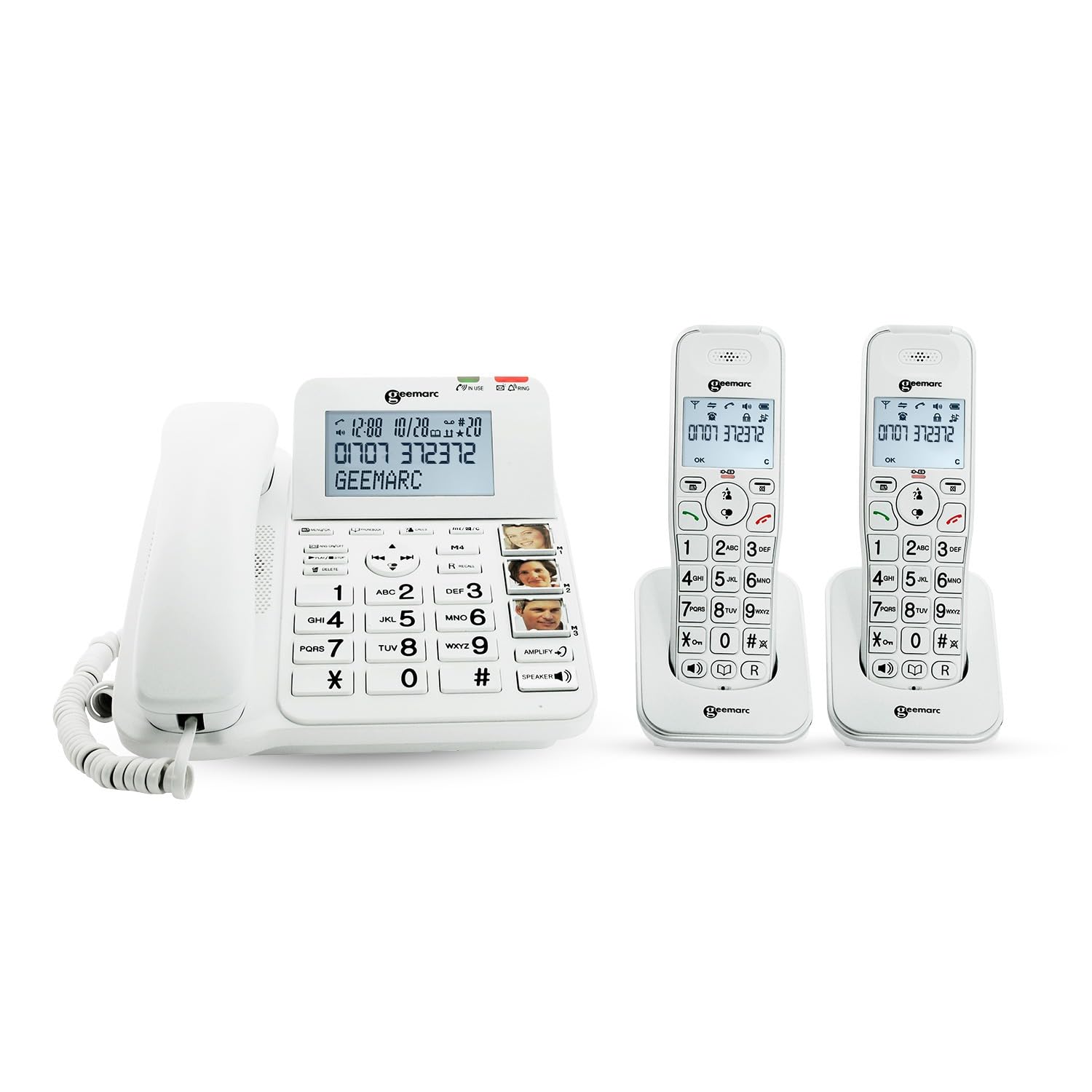 Geemarc Amplidect 295 Combi Duo - Amplified Corded Phone and its 2 Cordless Handsets with Answering Machine and Big Keys for Seniors - Low to Medium Hearing Loss - Hearing Aid Compatible - UK Version