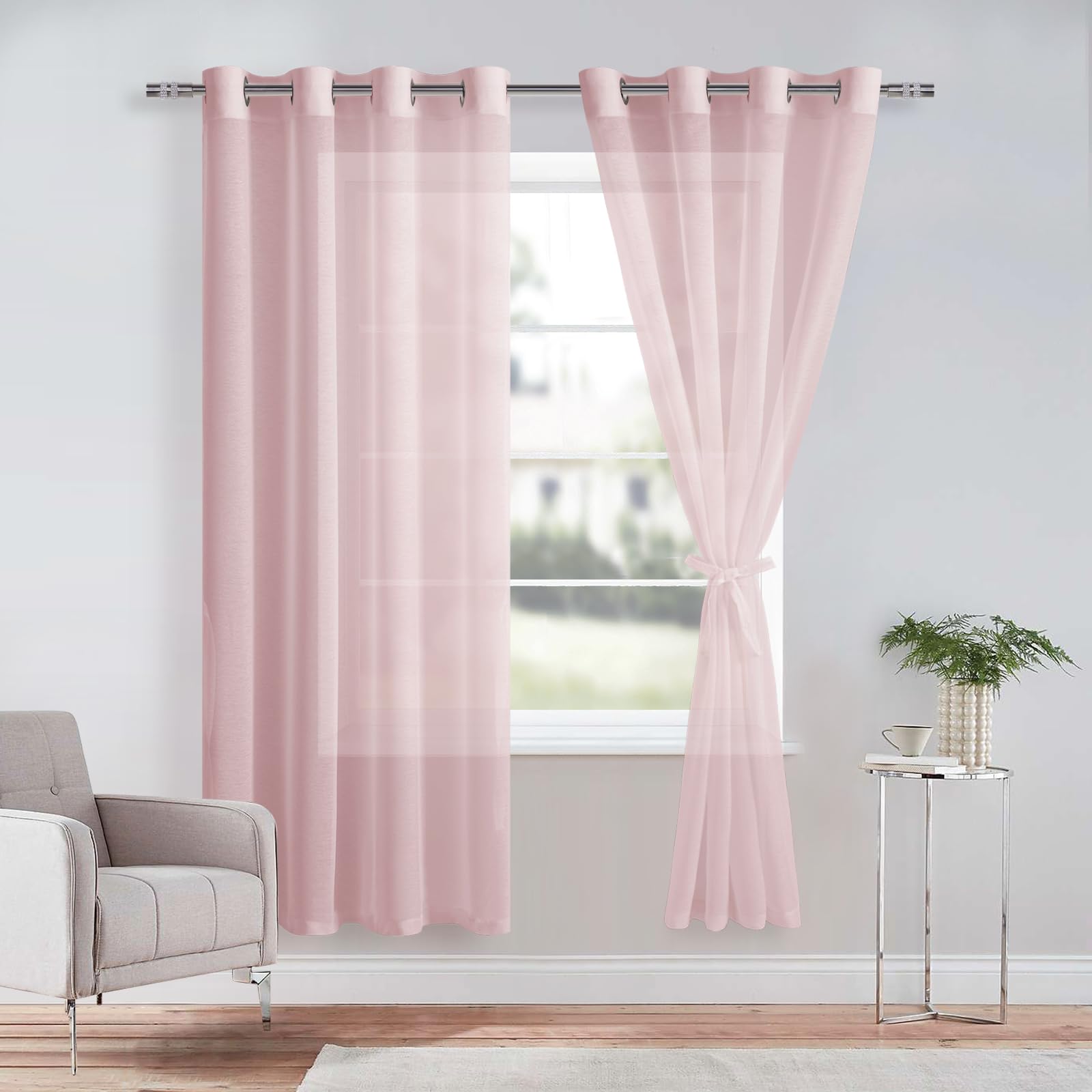 DWCN Blush Pink Sheer Curtains with Tiebacks Semi Transparent Voile Grommet Curtains Elegant Window Curtains for Bedroom and Living Room,2 Panels,W52 x L72